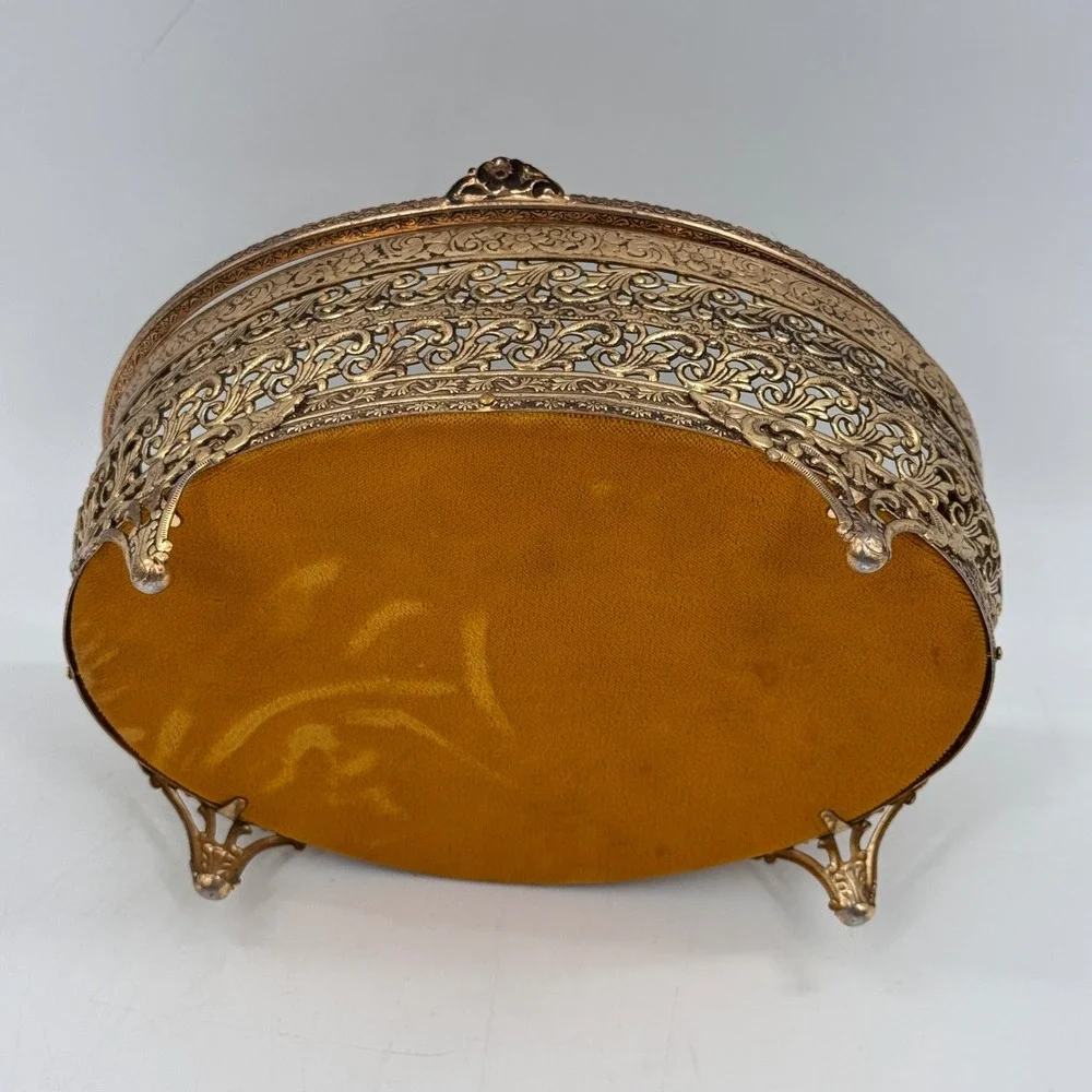 Vintage Ormolu Filigree Jewelry Casket Glass Vanity Box Hollywood Regency
